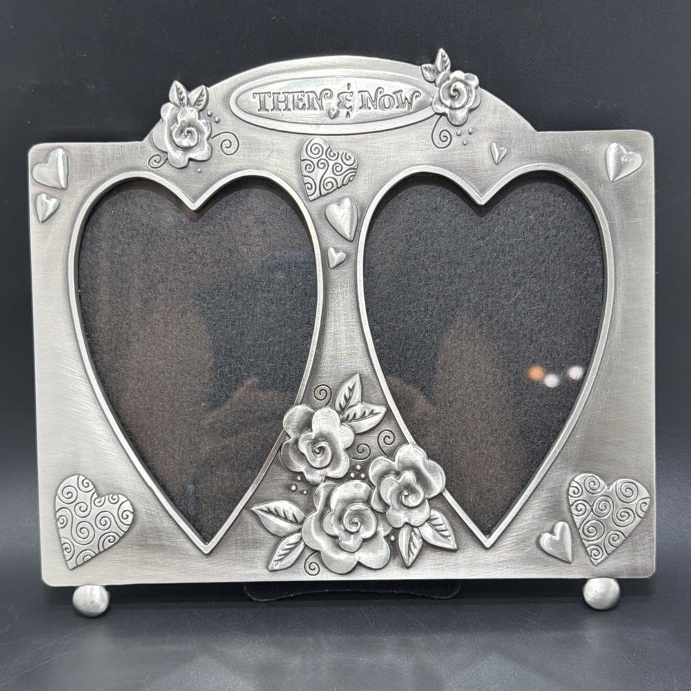 Fetco Silver Metallic Then and Now Heart Shaped Double Photo Frame 3.5x5 Metal